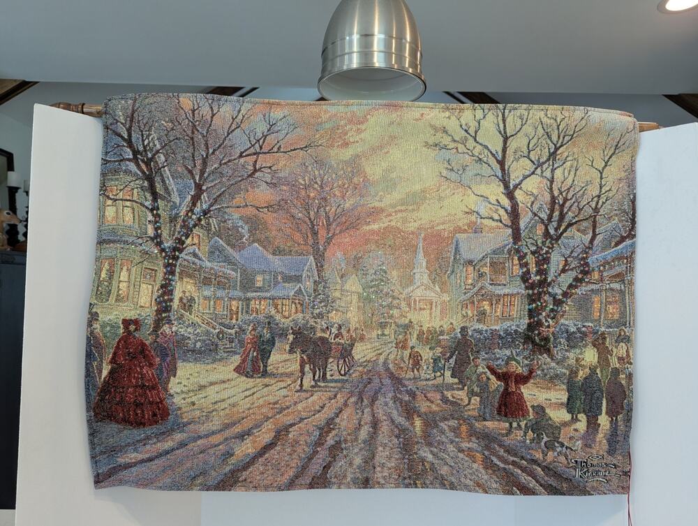 Thomas Kinkade Wall Tapestry Double Sided Fiber Optic Victorian Xmas Hometown...